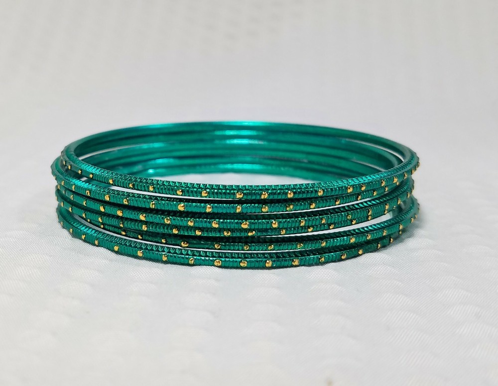Set of 6 Boho Ultra Thin Peacock Green Teal Stackable Metallic Bangle Bracelets