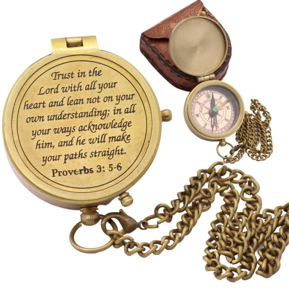 Trust in The Lord Proverbs 3 5-6 Solid Brass Directional Engraved Compass Bap...