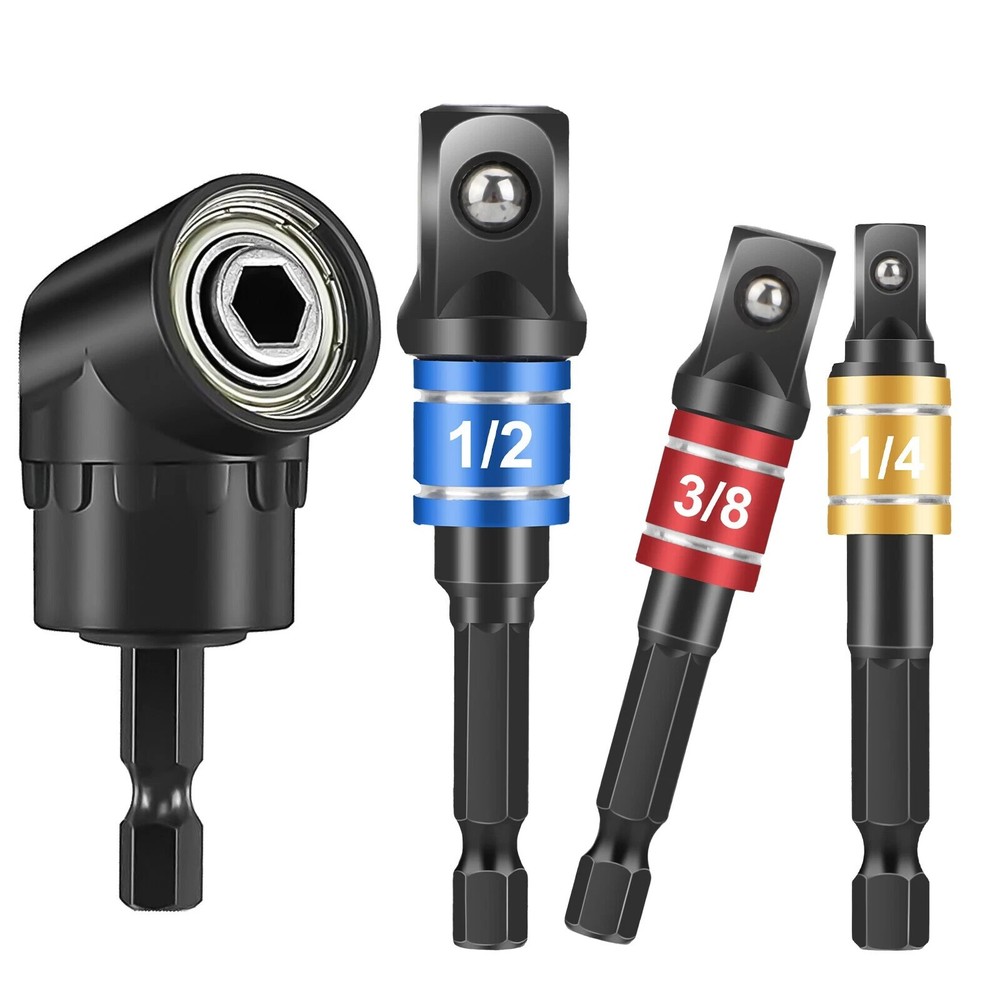 Socket Adapter Impact Hex Shank Drill Bits Set 1/4" 3/8" 1/2"+105° Right Angle