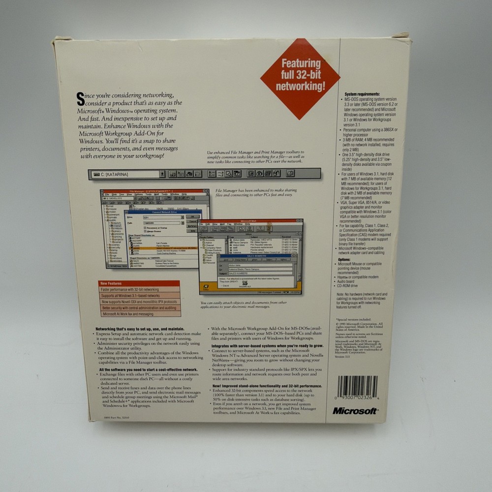 Microsoft Workgroup Add-On Version 3.11 With Papers & 8 NEW Floppy Disks