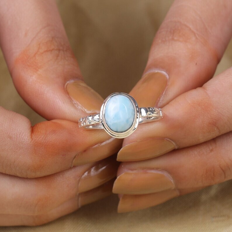 Gemstone Larimar~925 Sterling silver Band& Statement Ring Handmade Ring All Size
