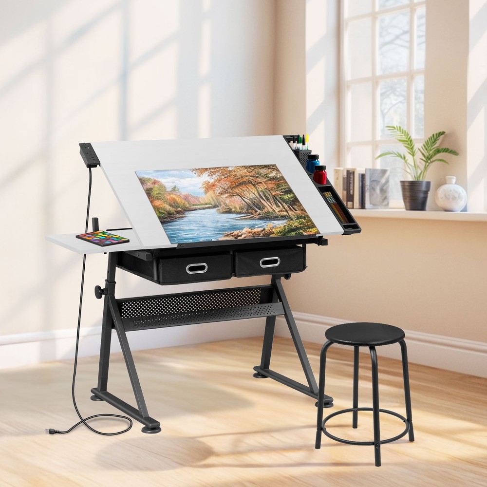 Adjustable Height Drafting Table for Artists Drawing Table with 2 Drawers White