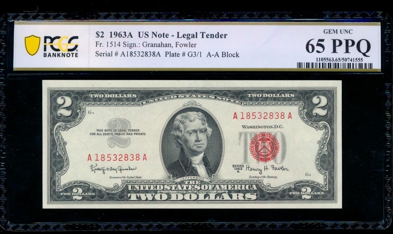 AC 1963A $2 Legal Tender PCGS 65 PPQ A-A block Fr 1514 GEM UNCIRCULATED