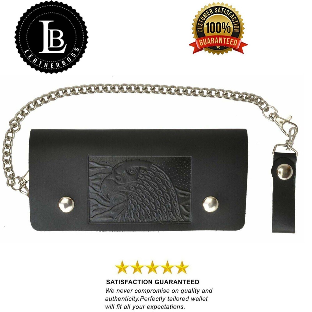 Leatherboss Leather Men Extra Large Eagle Wallet with Chain Biker Trucker Black