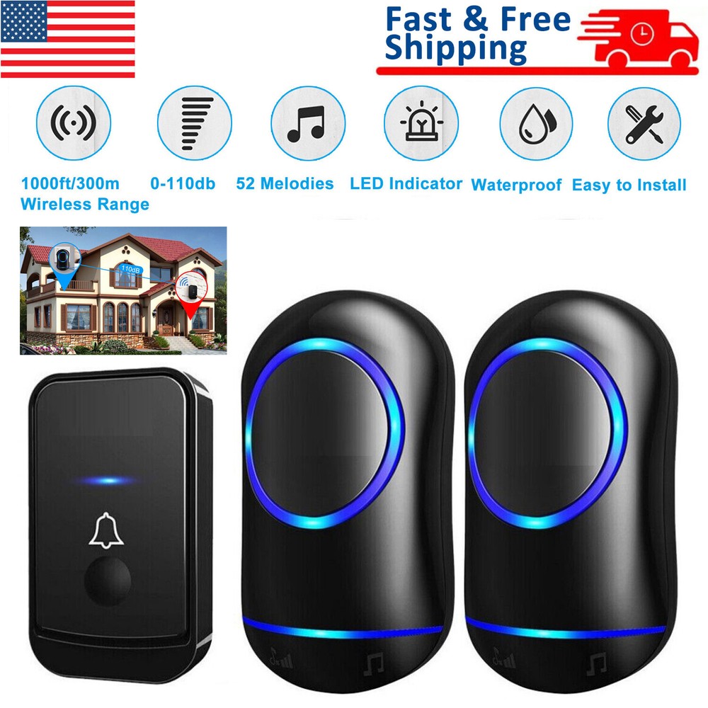 1000ft Wireless Doorbell Chime Kit Waterproof Plugin Receiver Adjustable Volume