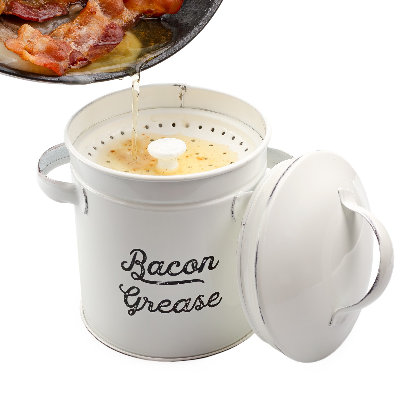 White Enamel Grease Bacon Grease Container w/Strainer Farmhouse, Keto-Friendly