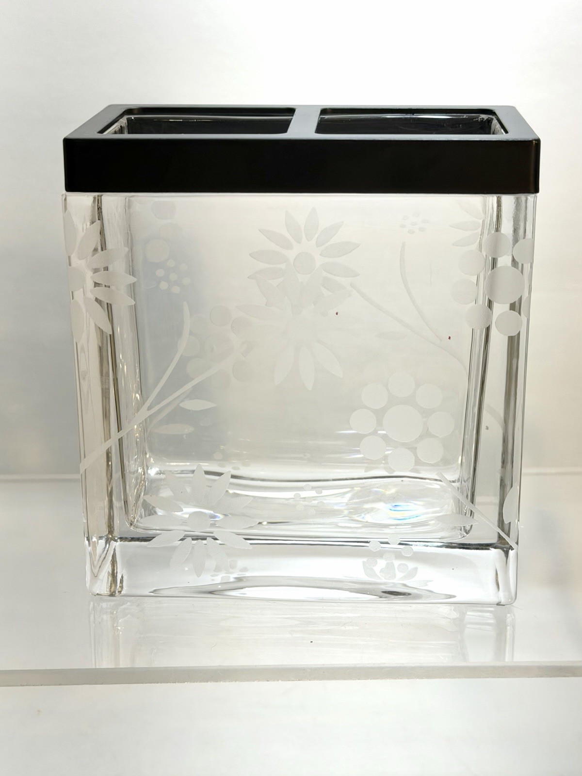 🌿 Etched Clear Glass Toothbrush Holder Heavy Quality Glass 4.75” Tall