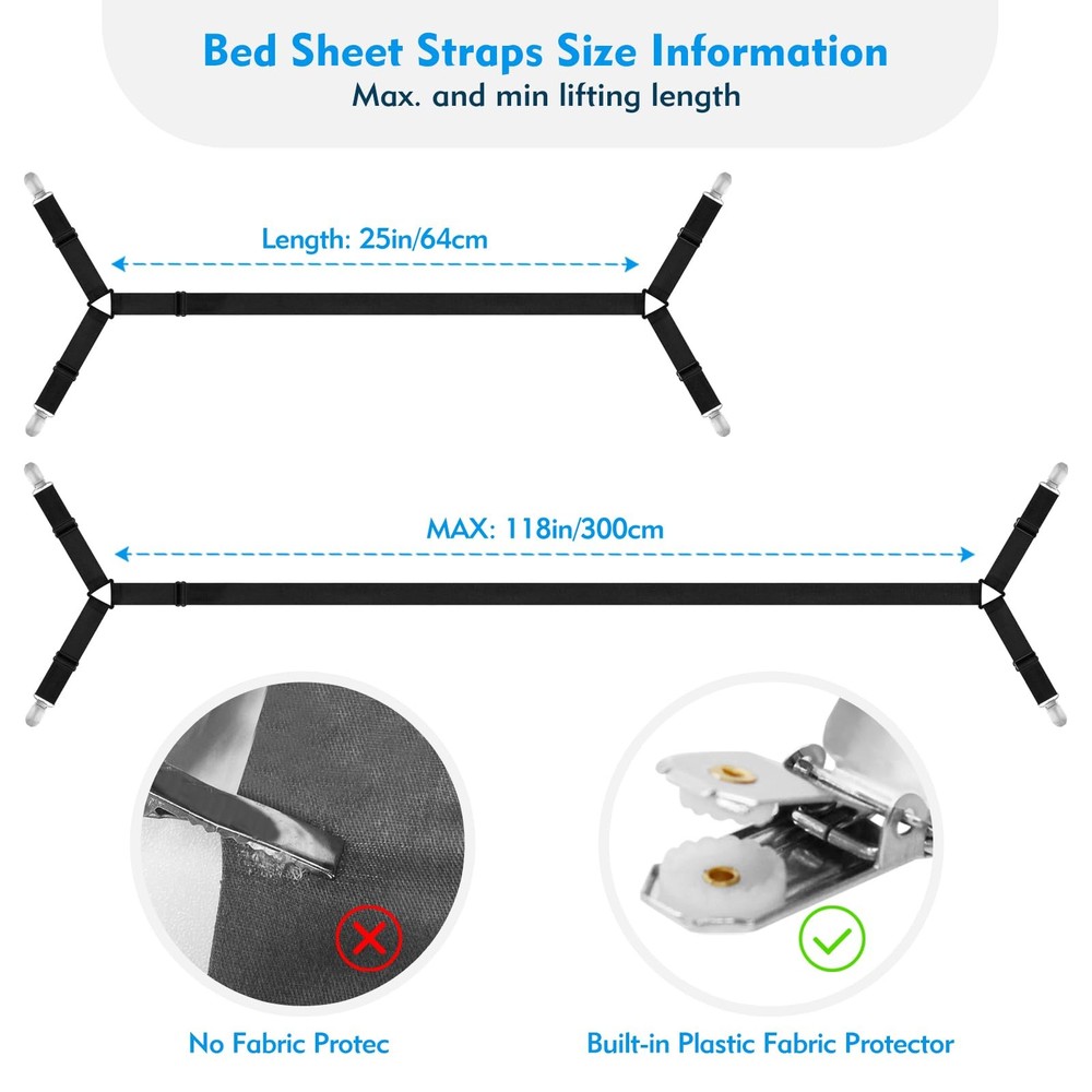 Xunesip Bed Sheet Straps, 2Pcs Elastic Adjustable Holder 2, Black