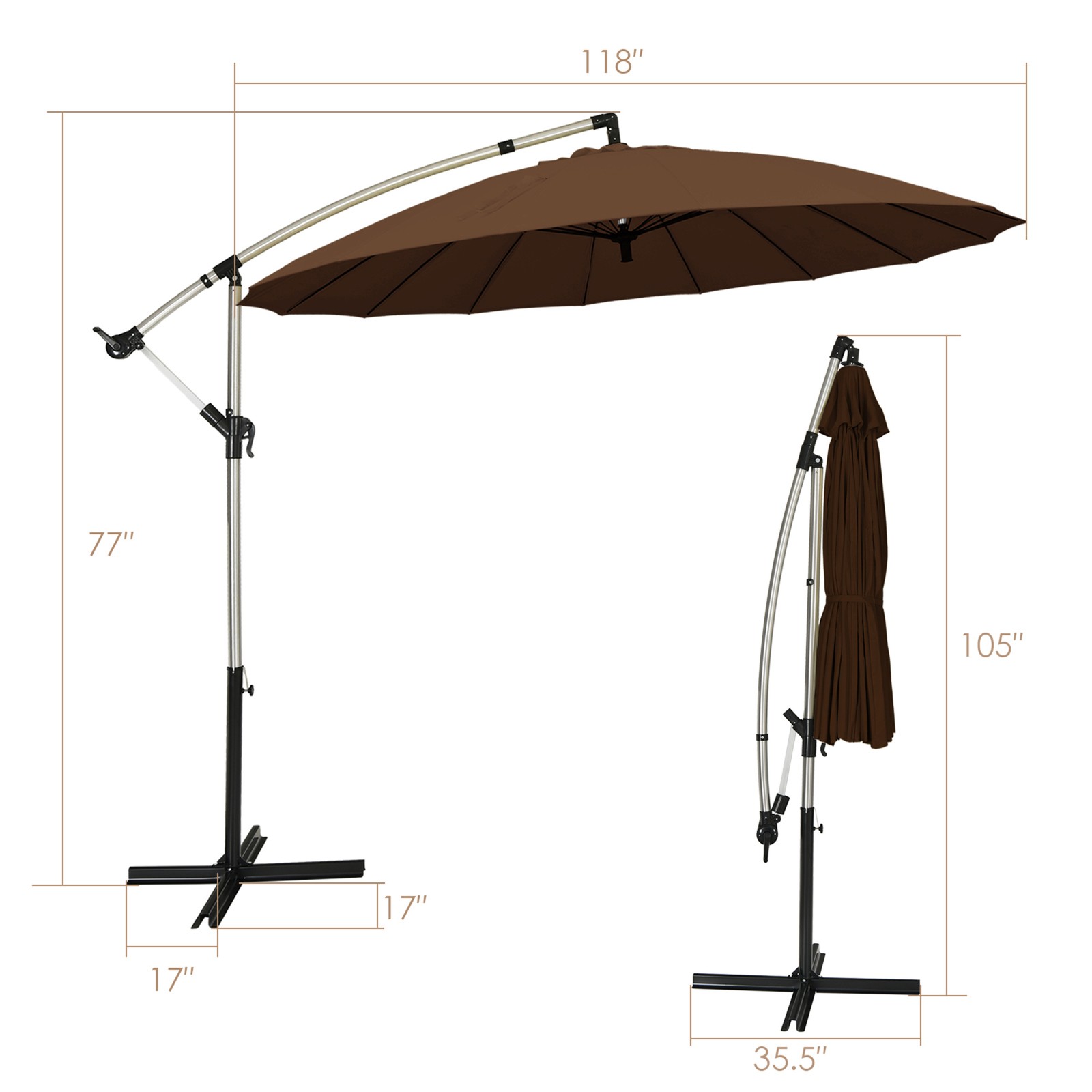 10FT Patio Offset Hanging Umbrella Cantilever Umbrella w/ Tilt Adjustment Tan