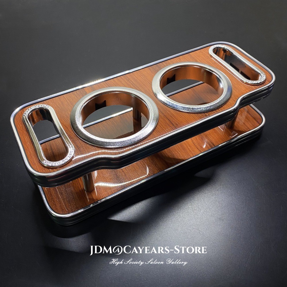 JDM Chrome Brim Wood Grain Large VIP Cup Holder Drinks Car Instrument Desk Table