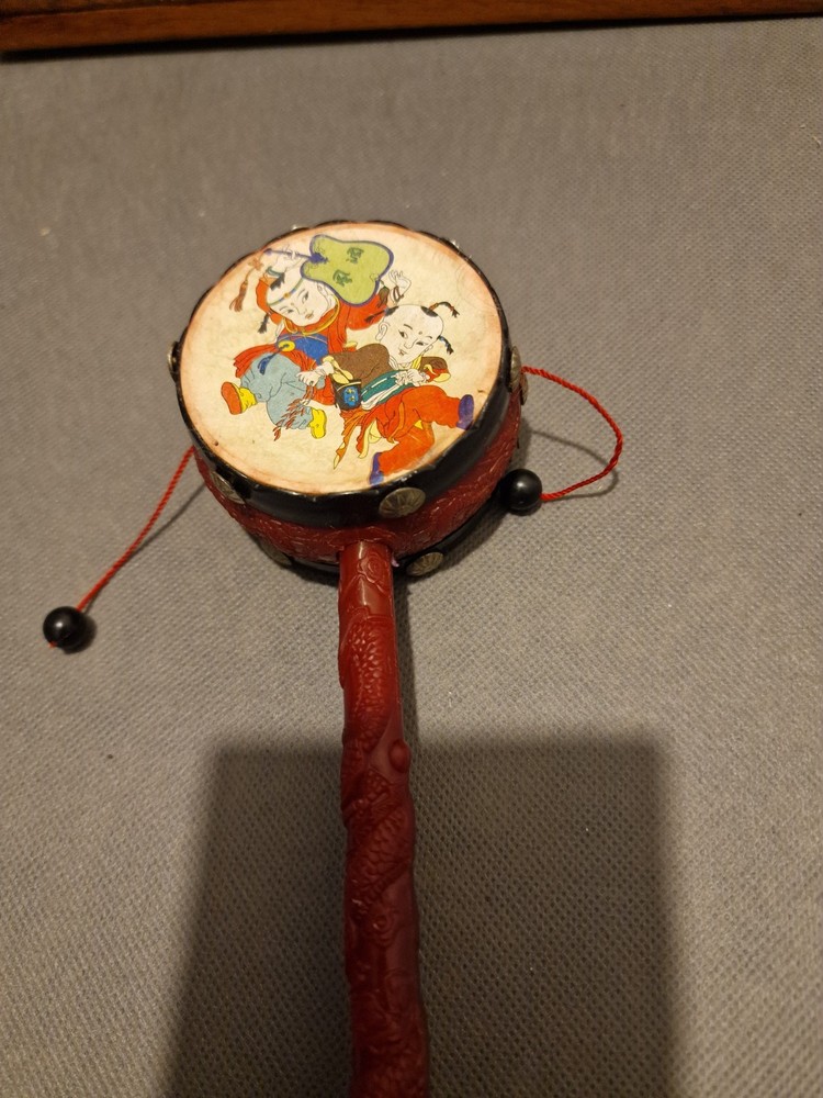 Vintage Chinese Pellet Drum Bo Lang Gu - Handheld Rattle Drum Folk Art