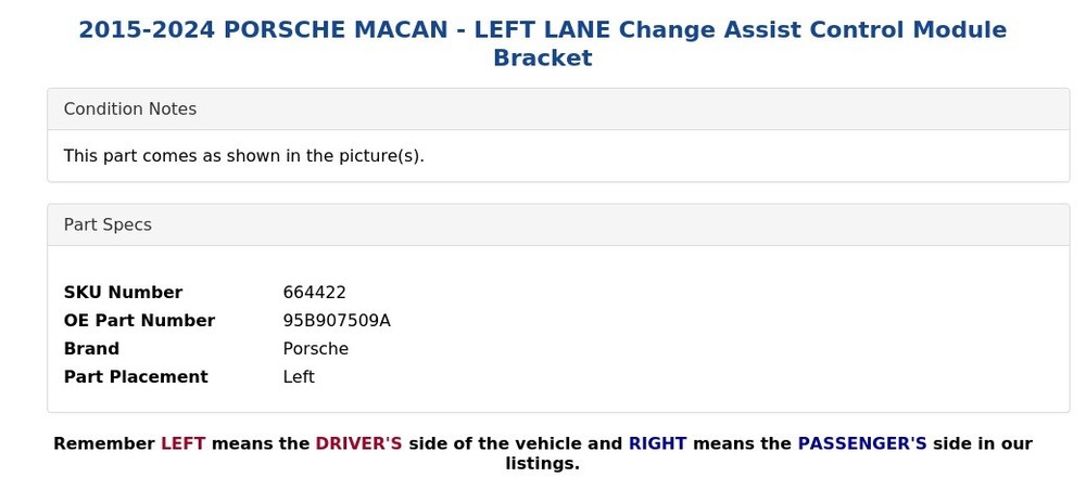 2015-2024 PORSCHE MACAN - LEFT LANE Change Assist Control Module Bracket