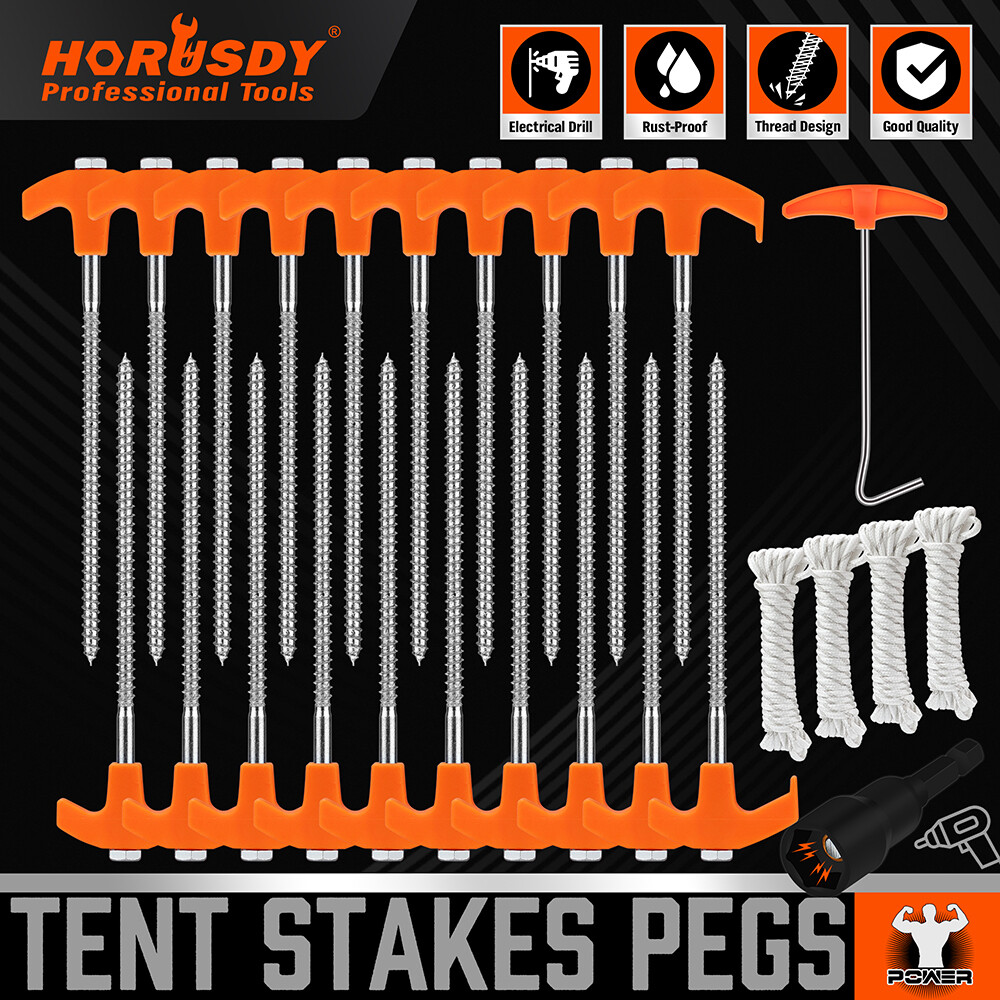 26PC Tent Stakes Pegs Camping Outdoor Steel Metal Nail 4x13FT Rope T Pull Hook