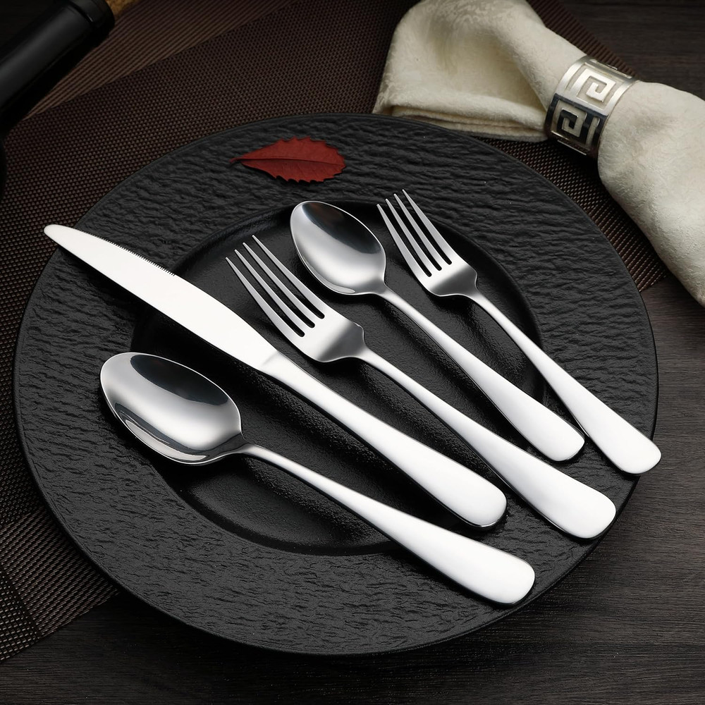 Amazon Basics Silverware Set, Stainless Steel Flatware, Dishwasher Safe, Service