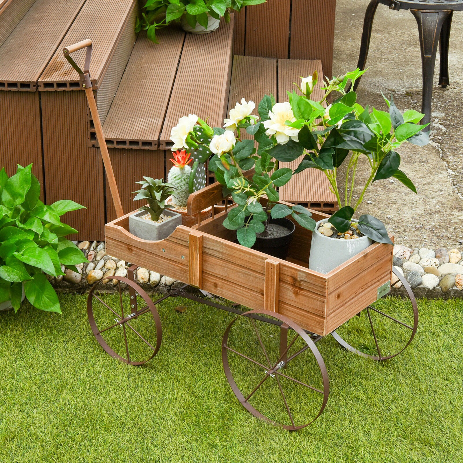 Garden Plant Planter Wooden Wagon Planter W/ Wheel Garden Yard Brown