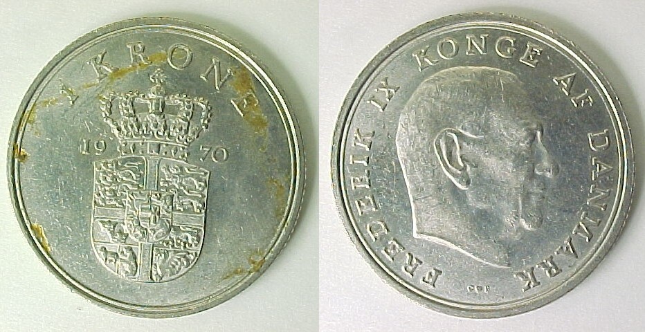 1970 Denmark 1 One Krone Almost Uncirculated AU