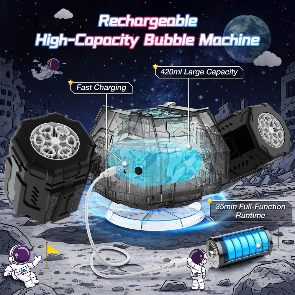 Rechargeable Bubble Machine, 360° Automatic Rotation Bubble Machine for Kids,...