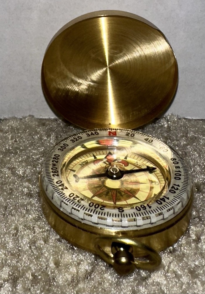 Antique Vintage Compact Portable Push Button Locking Pocket Compass