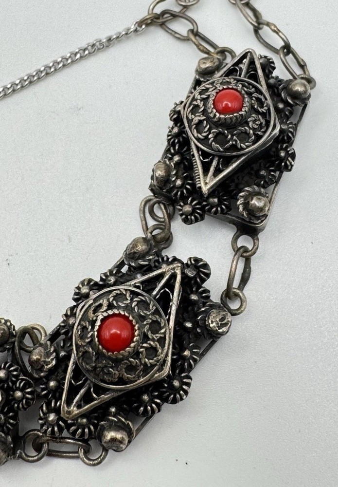 Beautiful Antique Silver Locket Bracelet With Red Beads
