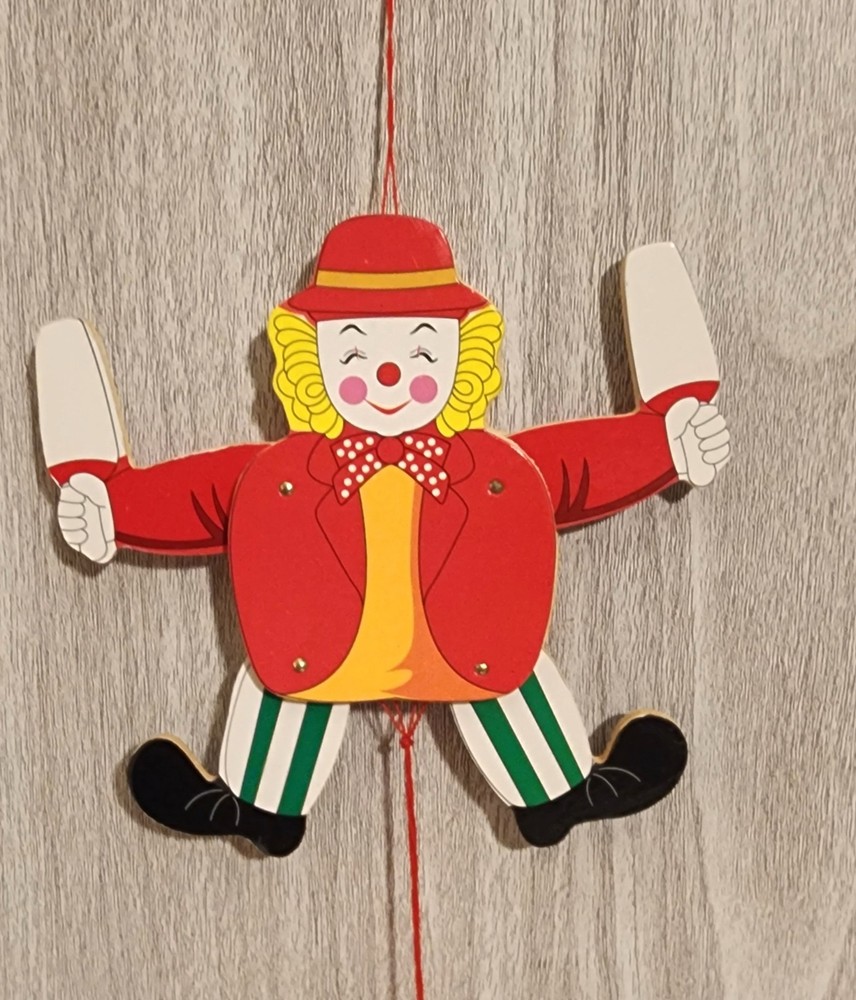 2 Vintage Pull String Jumping Jack Wooden Puppet Clowns Hand Painted