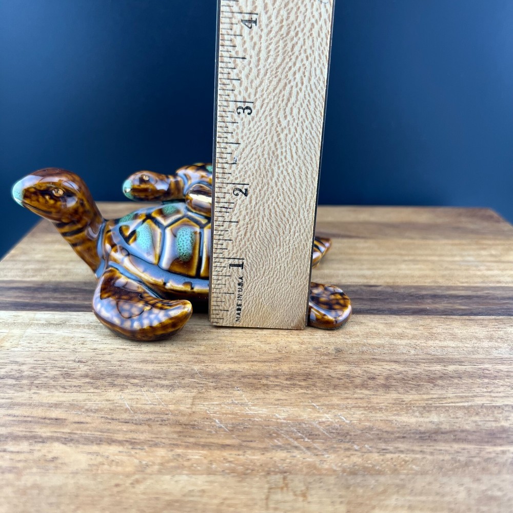 Ceramic Turtle W/Baby Turtle On Back Glazed Brown & Green