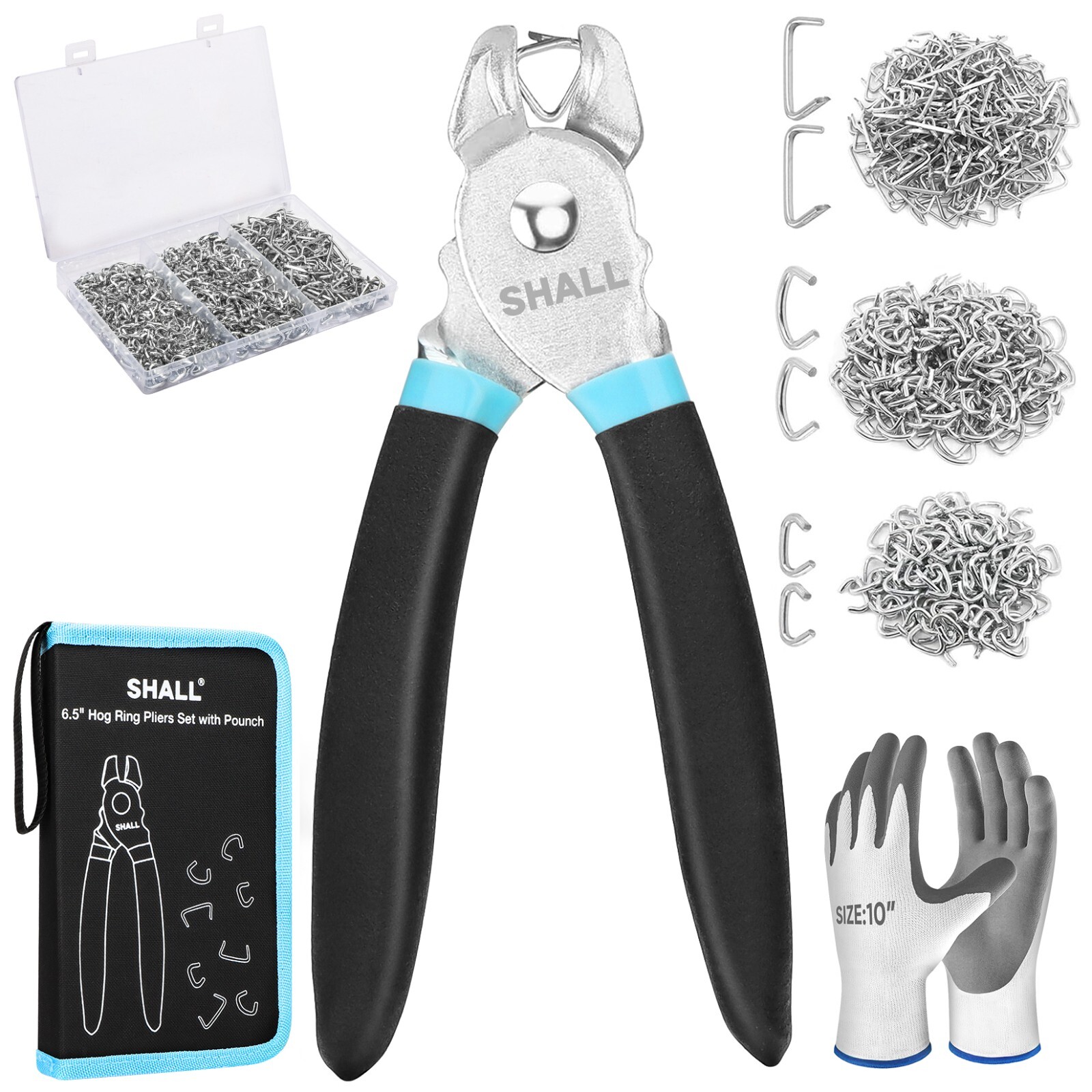 SHALL Hog Ring Pliers Kit with 600pcs (3/8’’, 1/2’’, 3/4’’) for Upholstery