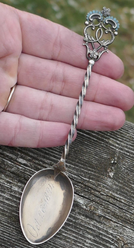 Antique Dated 1894 Sterling Silver & Enameled Twist Handle Teaspoon