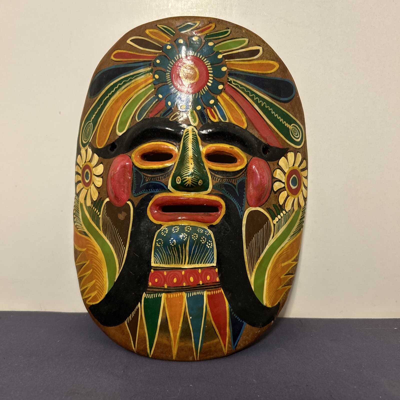 Vintage Mexican Brown Ceramic Hanging Mask Folk Art Hand Made