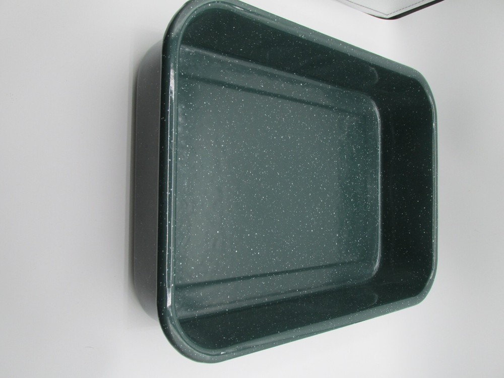 ENAMELWARE 16"X12"X3.5" GREEN & WHITE SPECKLED ROASTER WITH INSERT & RACK!