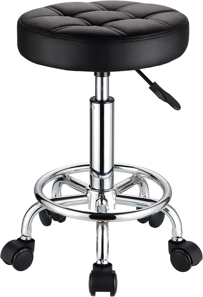 Round Rolling Stools PU Leather Seat Height Adjustable Swivel Stool W/ Wheels