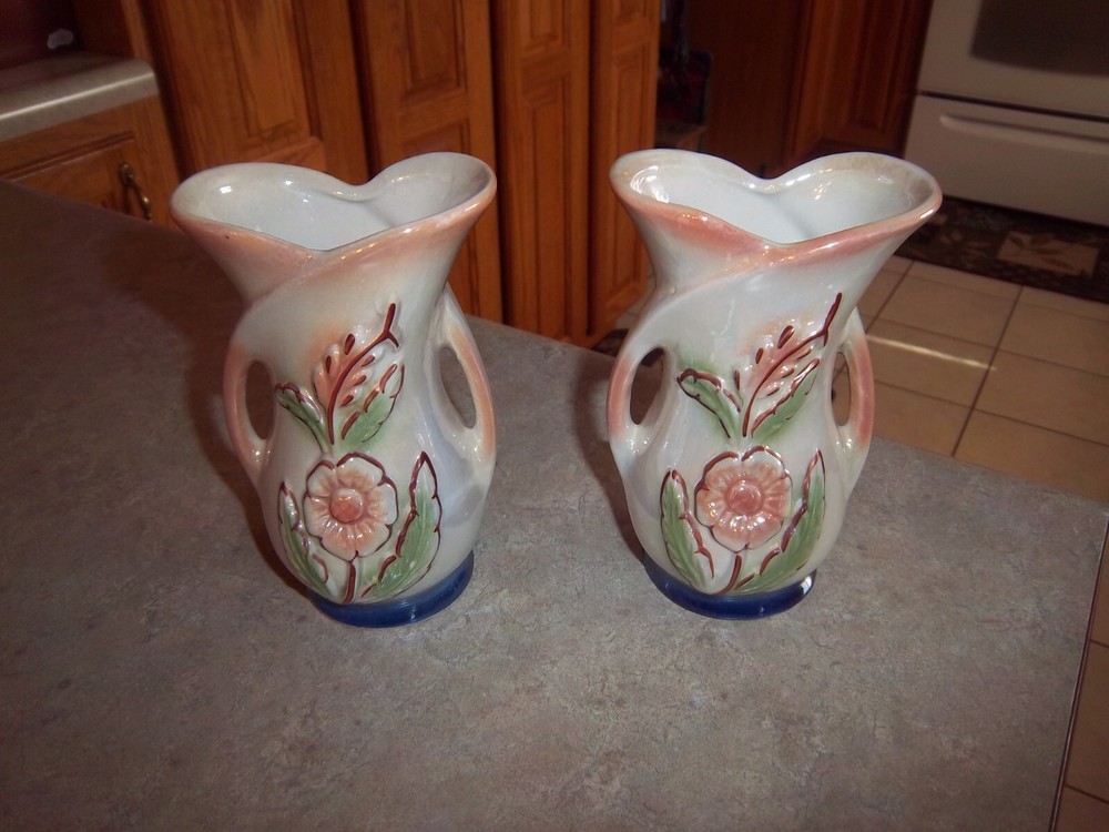 2 - Double Loop Decorative Vases Floral Ceramic - Lusterware