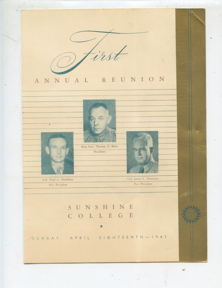 RARE 1943 WORLD WAR II SUNSHINE COLLEGE "FIRST ANNUAL REUNION" PROGRAM (4 PAGES)