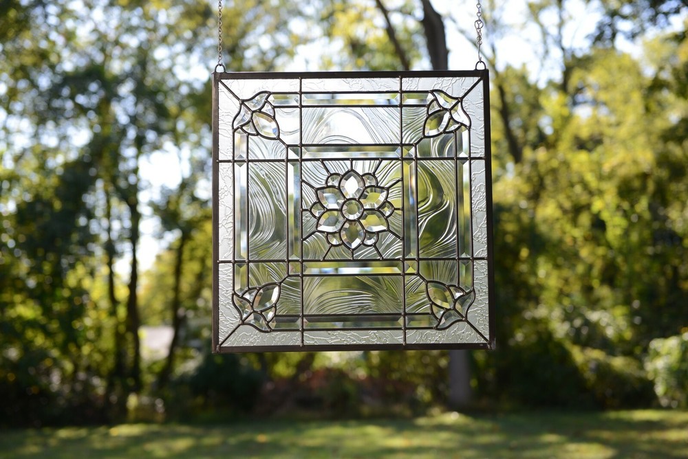 Handcrafted stained glass Clear Beveled window panel 20" x 20"
