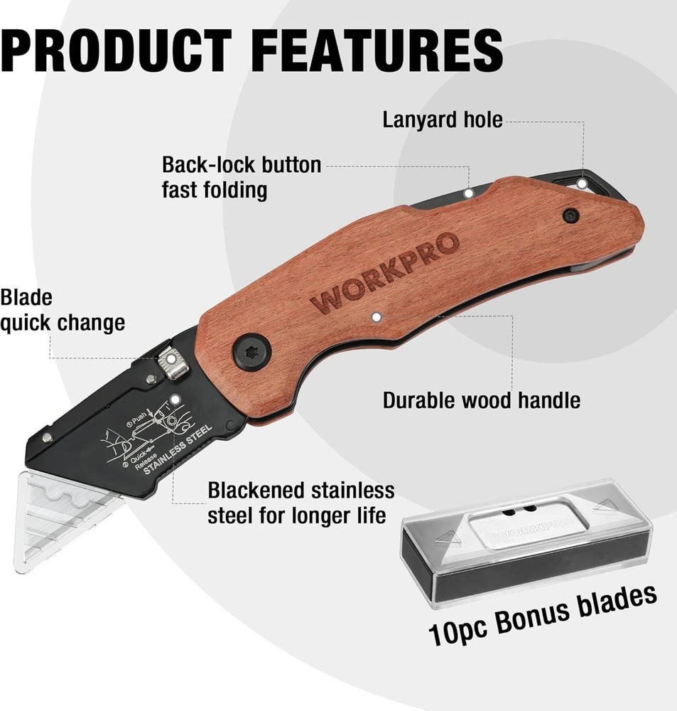WORKPRO Folding Utility Knife Quick-change Blade Back Lock Wood Handle 10 Blades