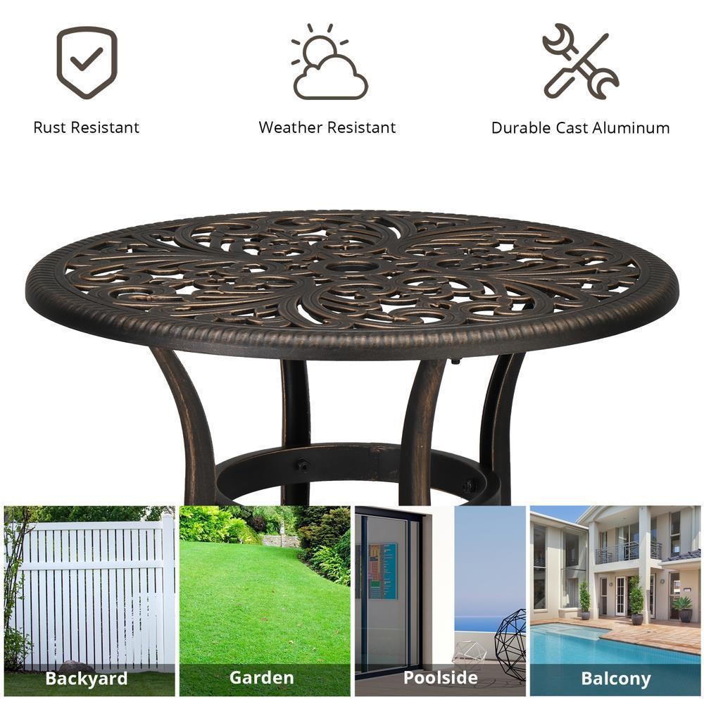 Patio Bistro Table with Umbrella Hole, Cast Aluminum Dining Table for Outdoor