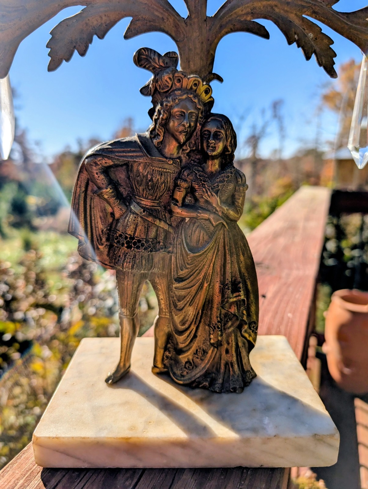 ANTIQUE VICTORIAN BRASS 3 ARM CANDELABRA WITH CRYSTALS & A MARBLE BASE