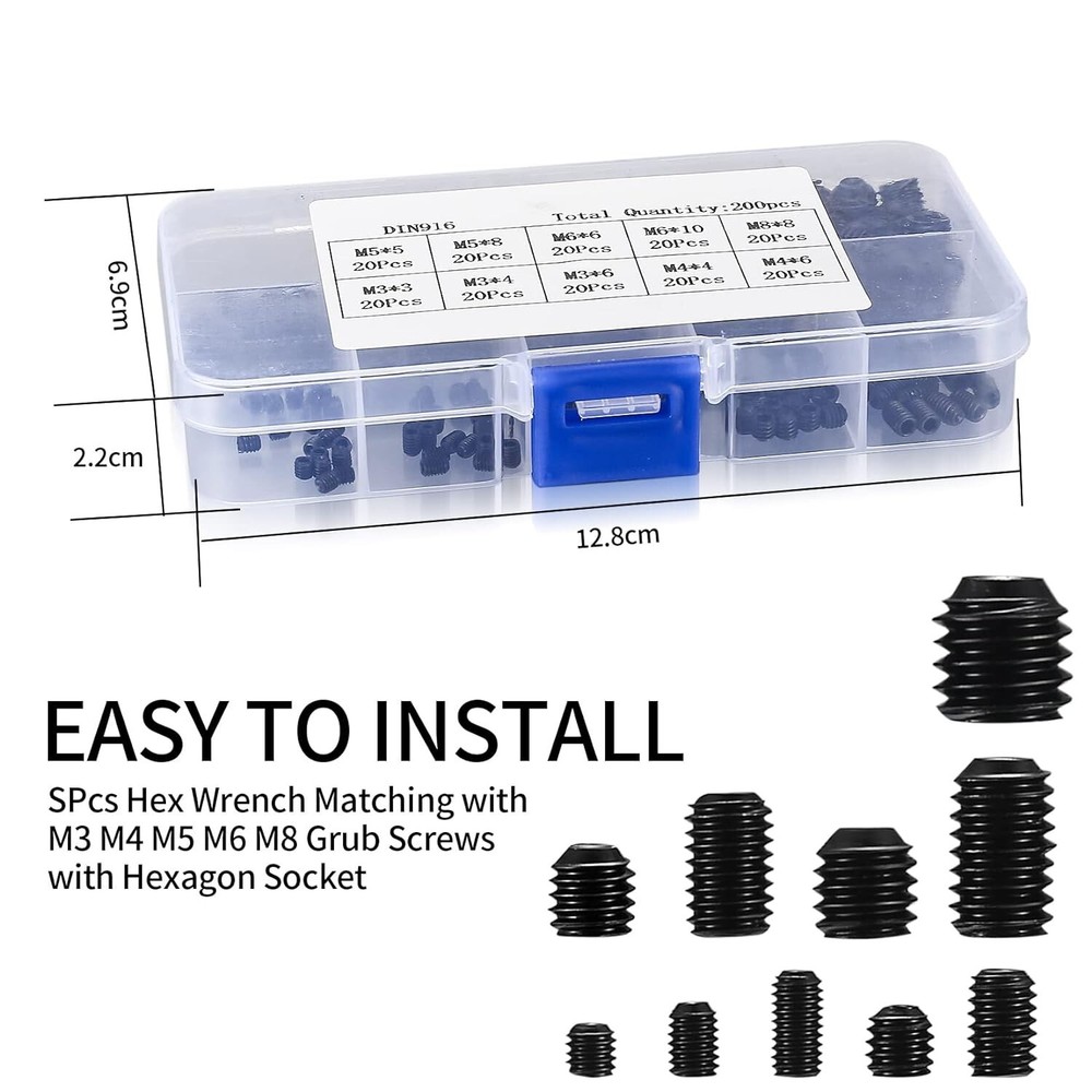 200 PCS Allen Head Socket Hex Grub Screw Assortment Kit Door Handle Light Fixtur