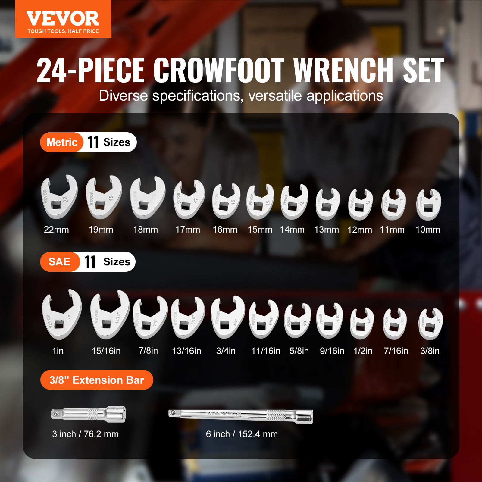 VEVOR Crowfoot Wrench Set 3/8" Drive 24-Piece Crows Foot Wrench Set SAE Metric