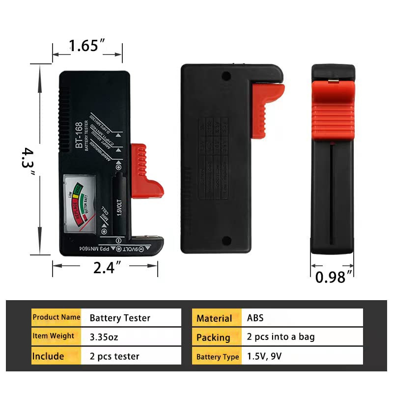 2 Pack Battery Tester, Universal Battery Checker for AA/AAA/C/D / 9V / 1.5V Butt