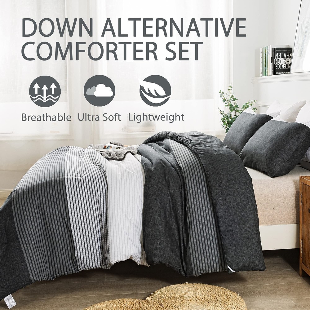 Andency Black Comforter King Size, 3 Pieces Black White Gray Patchwork Stripe...