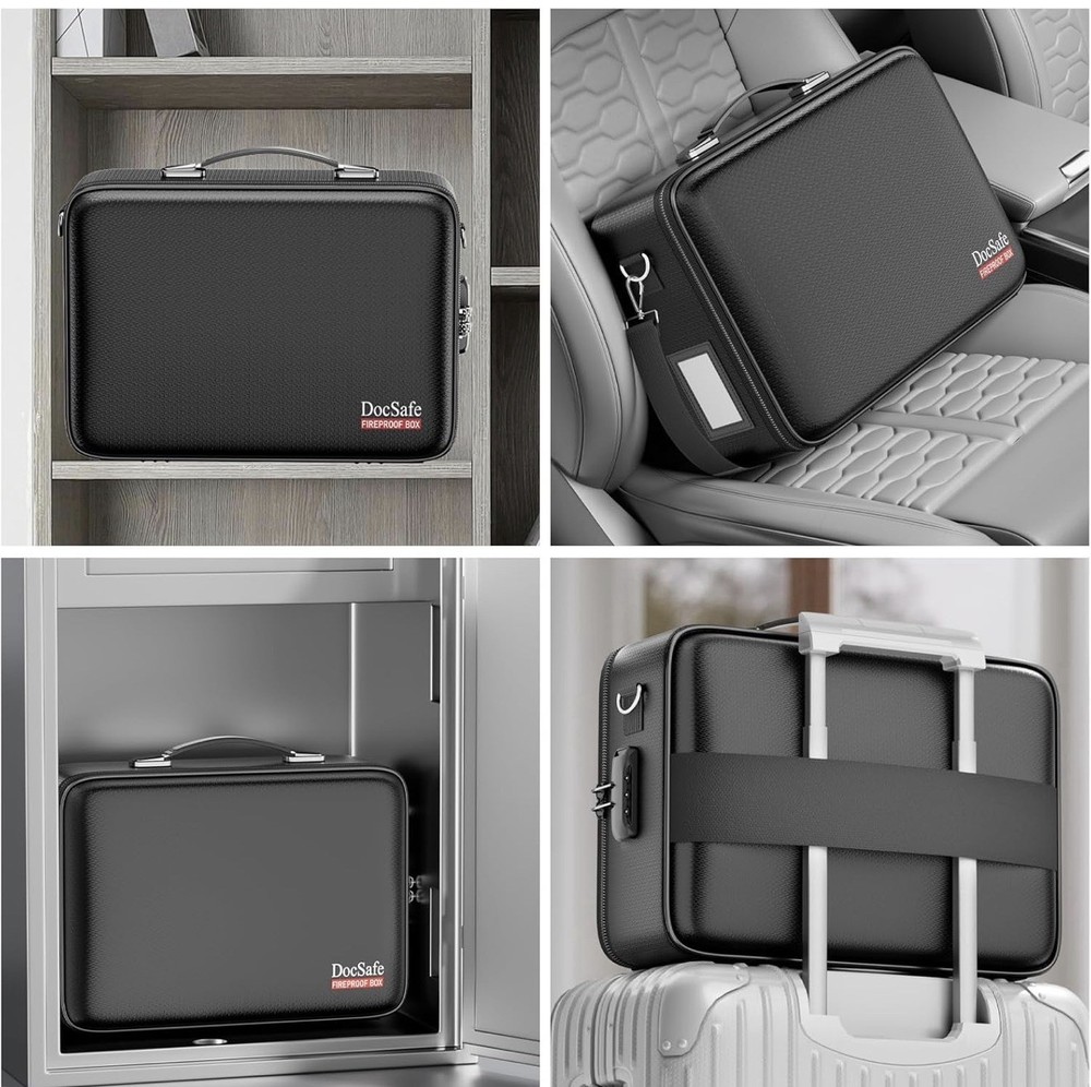 DocSafe Fireproof Document Box with Lock＆Shoulder Strap, Hard-Shell Case--BLUE