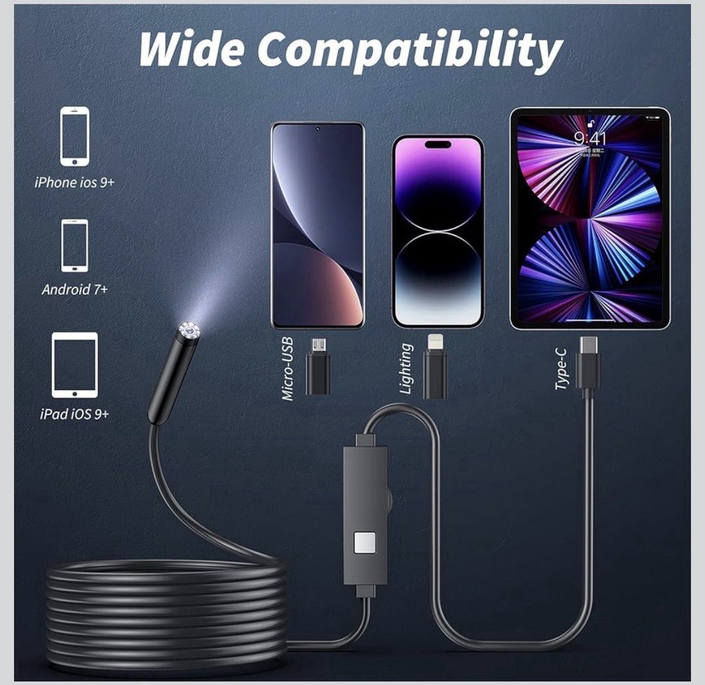 Endoscope Camera 1920p HD 32.8ft Borescope 8 LED IP67 Waterproof iOS Android