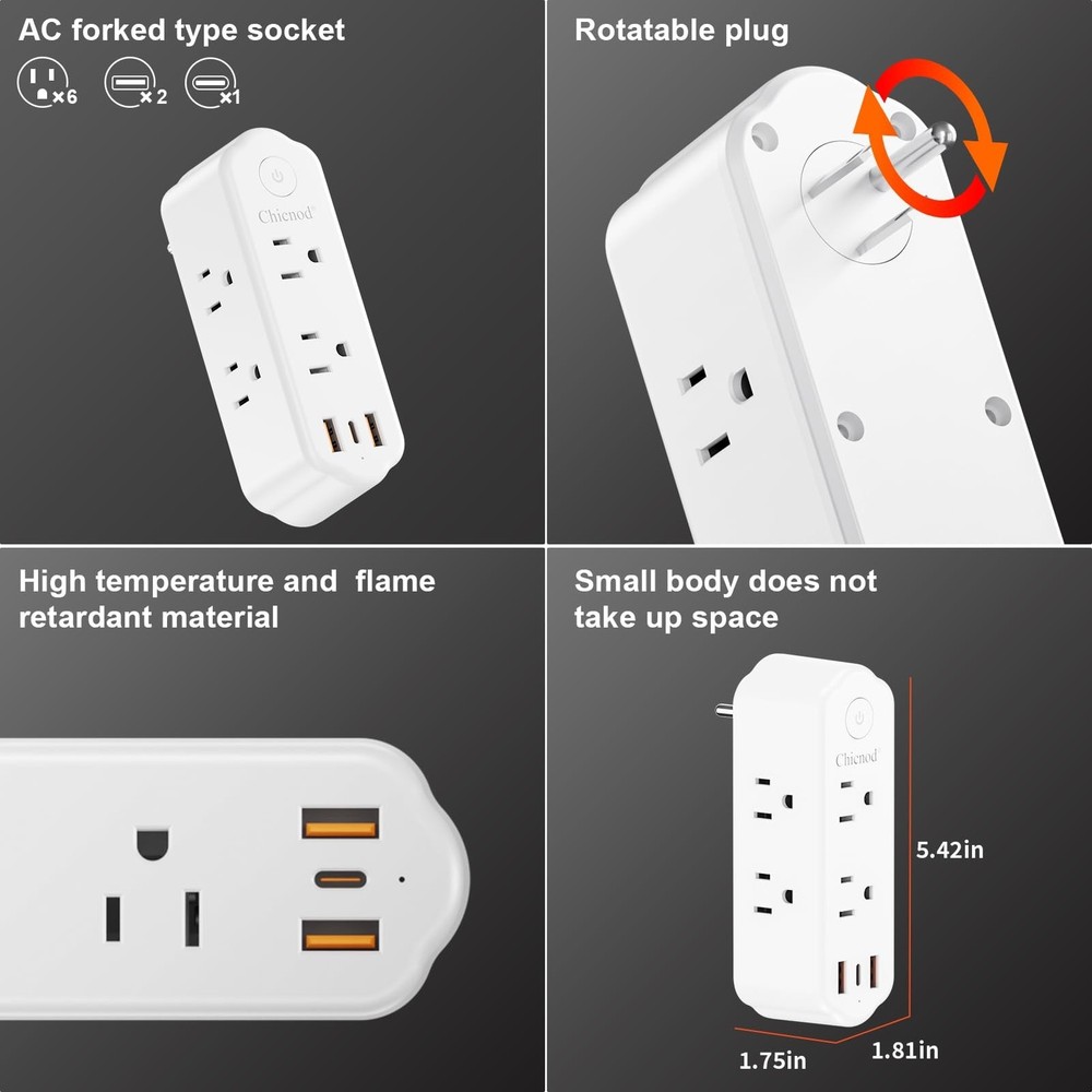 Outlet Extender Surge Protector, 360° Rotating Plug Power Strip with 6 AC O