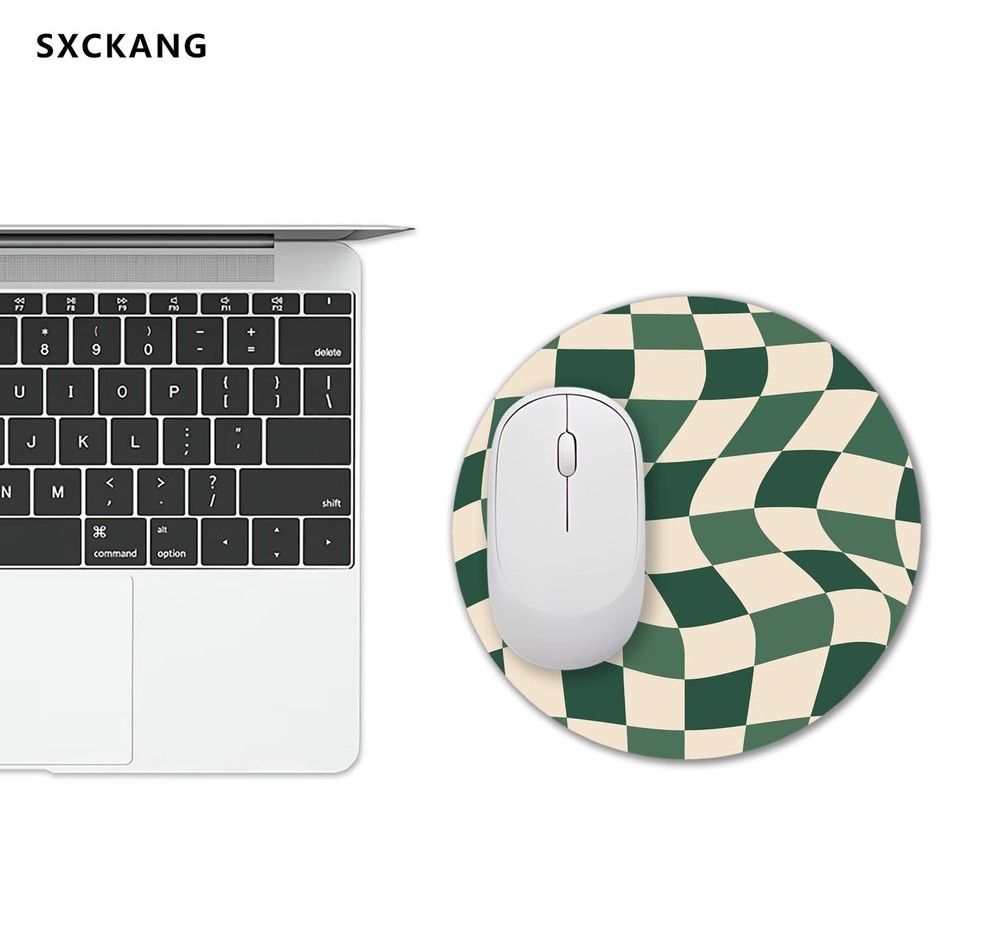 Green Checkered Mouse Pad Small, Abstract Wavy Pattern Mousepad, Cute Aesthet...