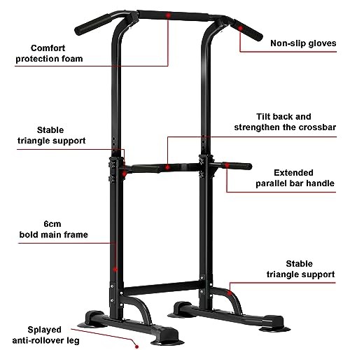 Power Tower Pull Up Bar and Dip Station, Height Adjustable Dip Stand Black