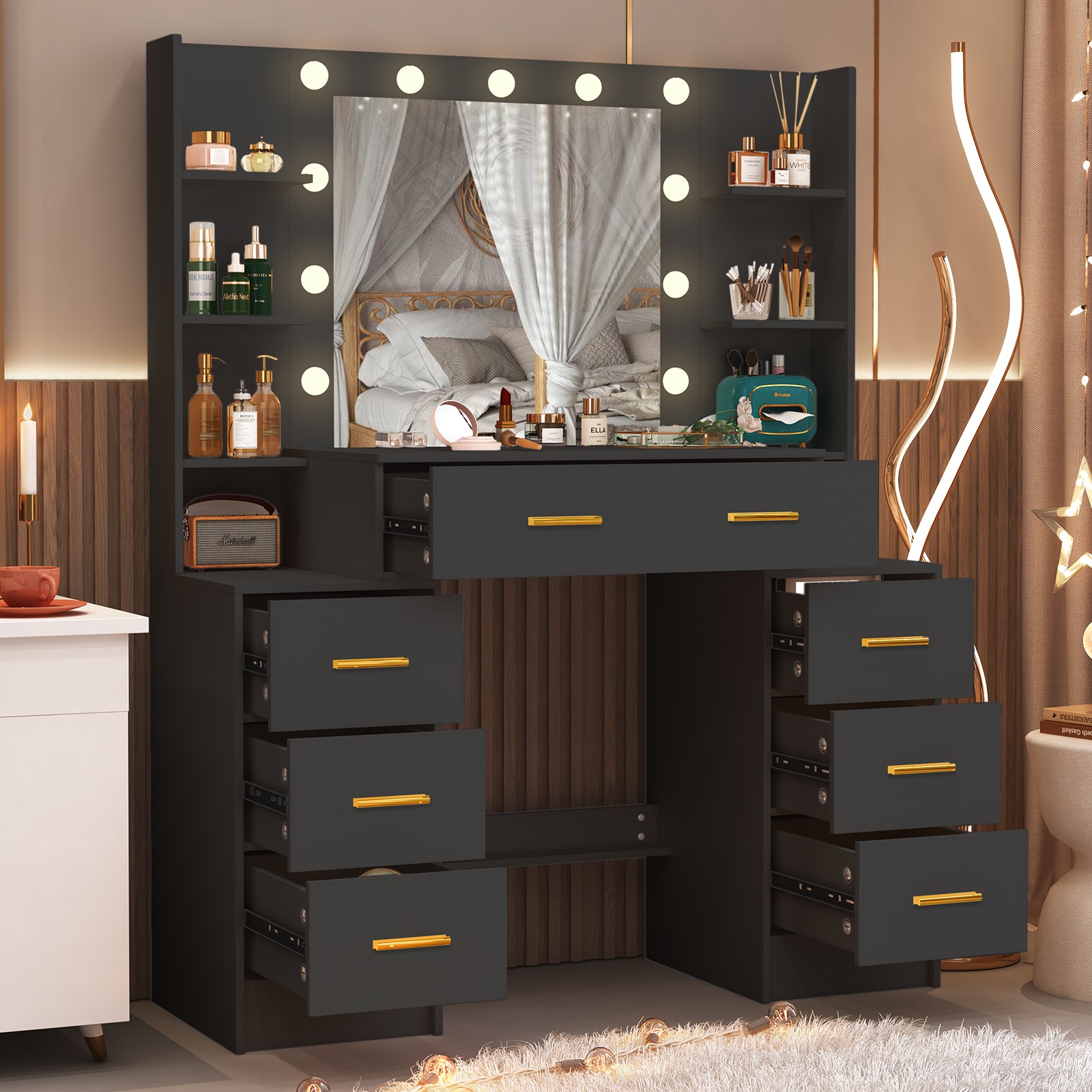 Large Vanity Makeup Table Dressing Desk With 11 LED Lighted Mirror & 7 Drawers