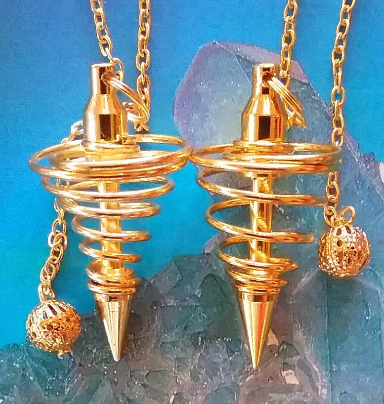PROFESSIONAL GOLD COIL RIGHT SPIN VORTEX DOWSING PENDULUMS WITH POUCHES