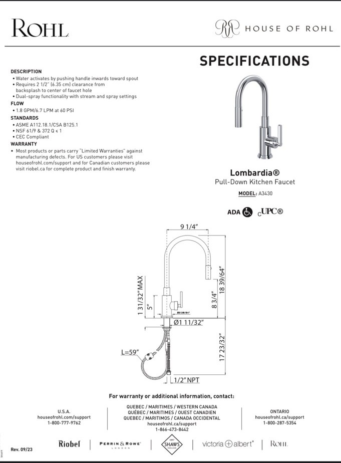 ROHL Lombardia Pull-down Kitchen Faucet A3430LMAPC-2 Polished Chrome