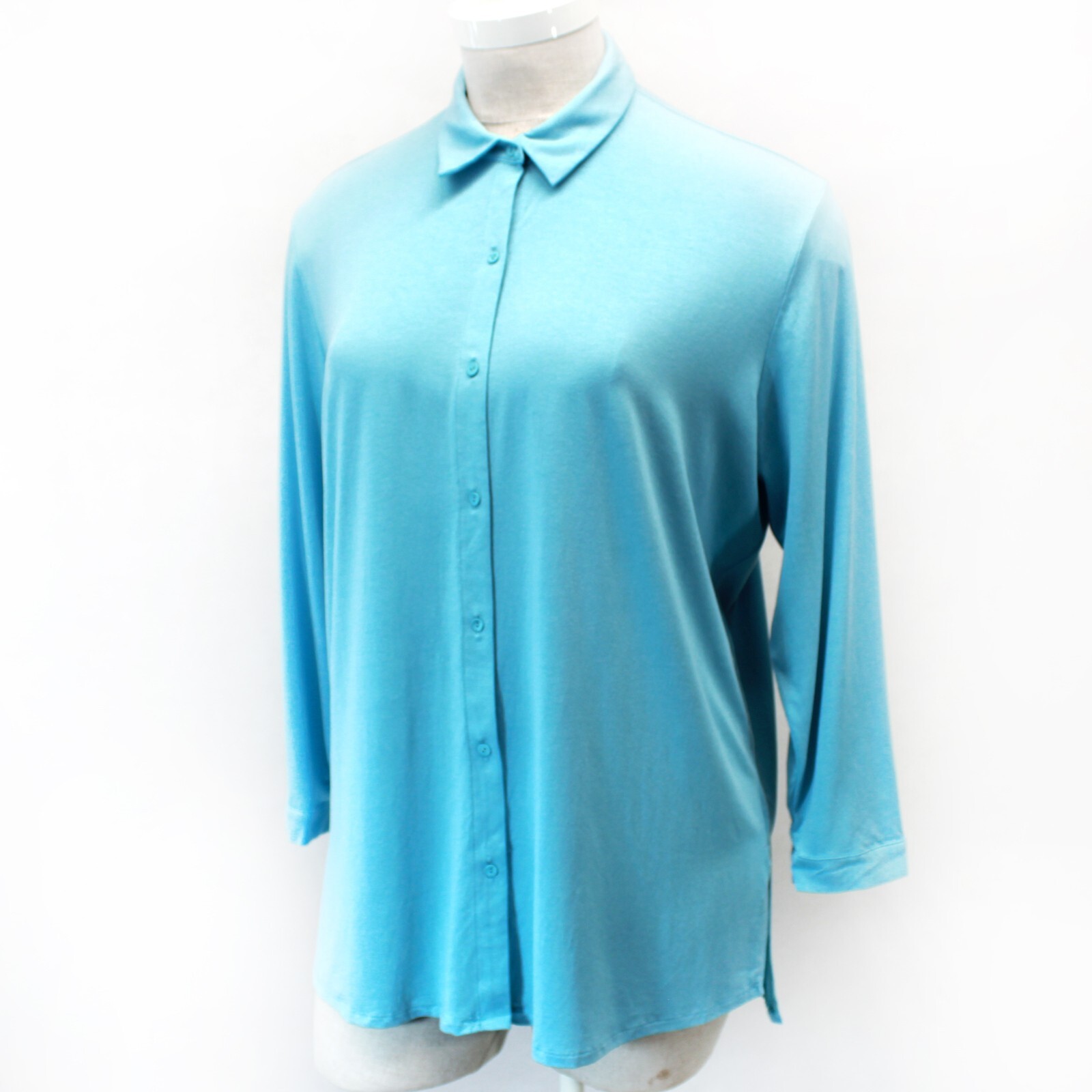 Eileen Fisher Plus Size Blue Jersey Collared Button Up Tunic Top Blouse 2X