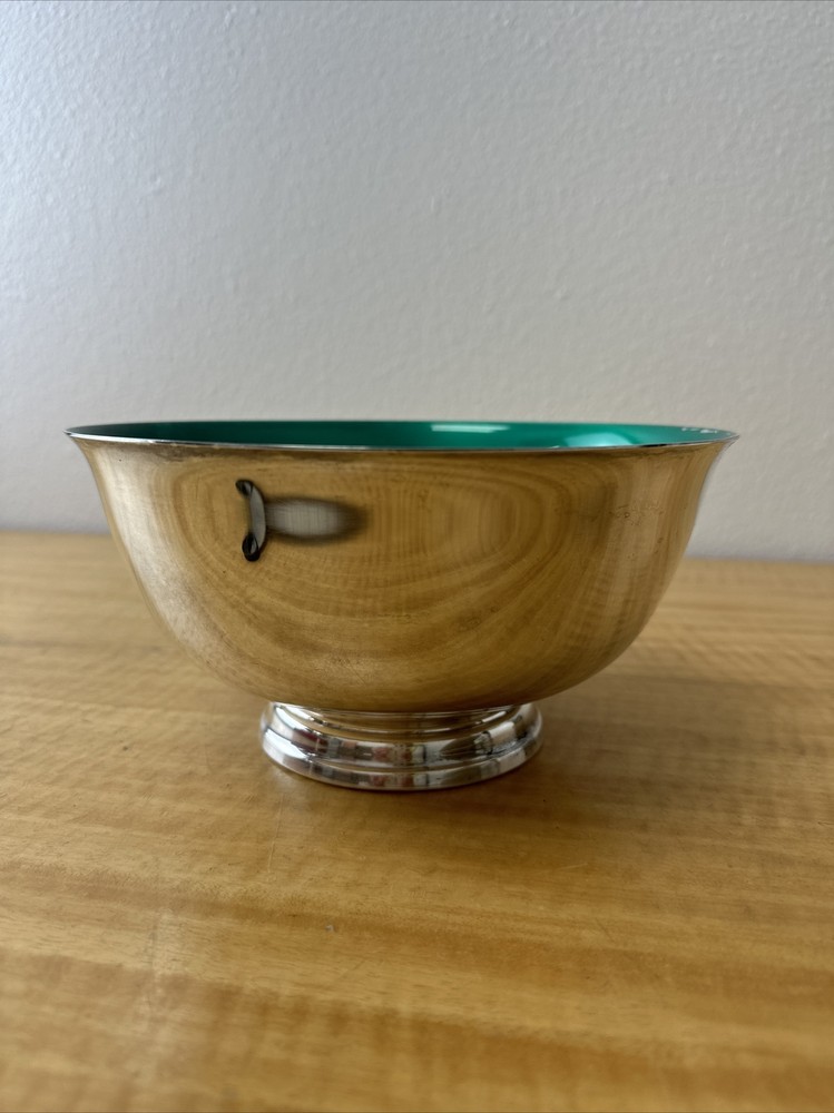 8” Vintage Reed & Barton Silver Plate Teal Enameled Footed Bowl - #104